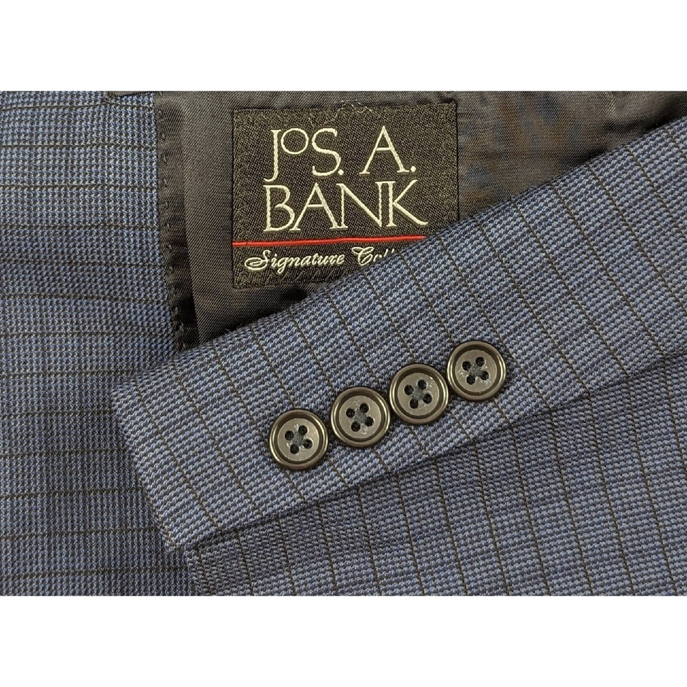 Jos A Bank 41R Blazer Sport Coat Two Button Jacket‎ Wool Plaid Check Dark Blue